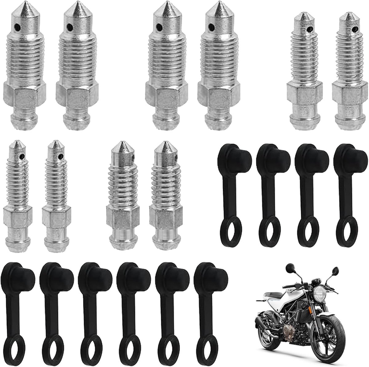 20 stuks holle schroef ontluchtingsschroef set voor motorfiets en fiets - incl. M6/M7/M8/M10/M10x1 remklauw schroeven, oliekapschroeven met 10 zwarte doppen - voor remklauw, hoofdremcilinder &
