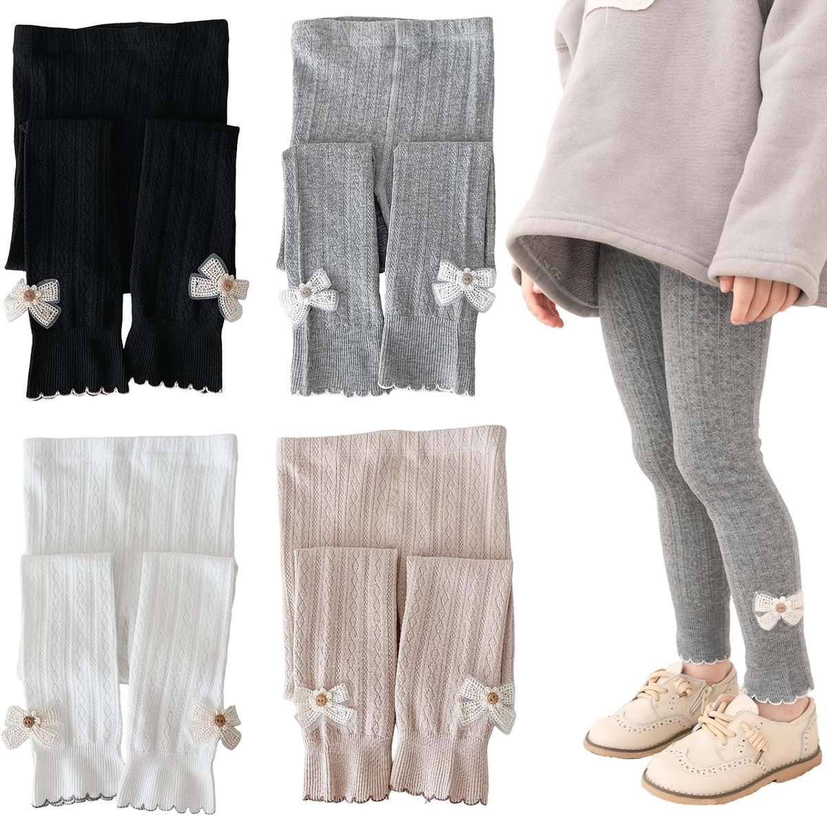 Leggings Meisjes 2 Stuks - Sportleggings Broeken Met Zachte Kousen en Bijpassende Vlinders - Ballet Baby Leggings Voor Binnen en Buiten - Zwart/Wit/Grijs/Abrikoos, 2-9 Jaar