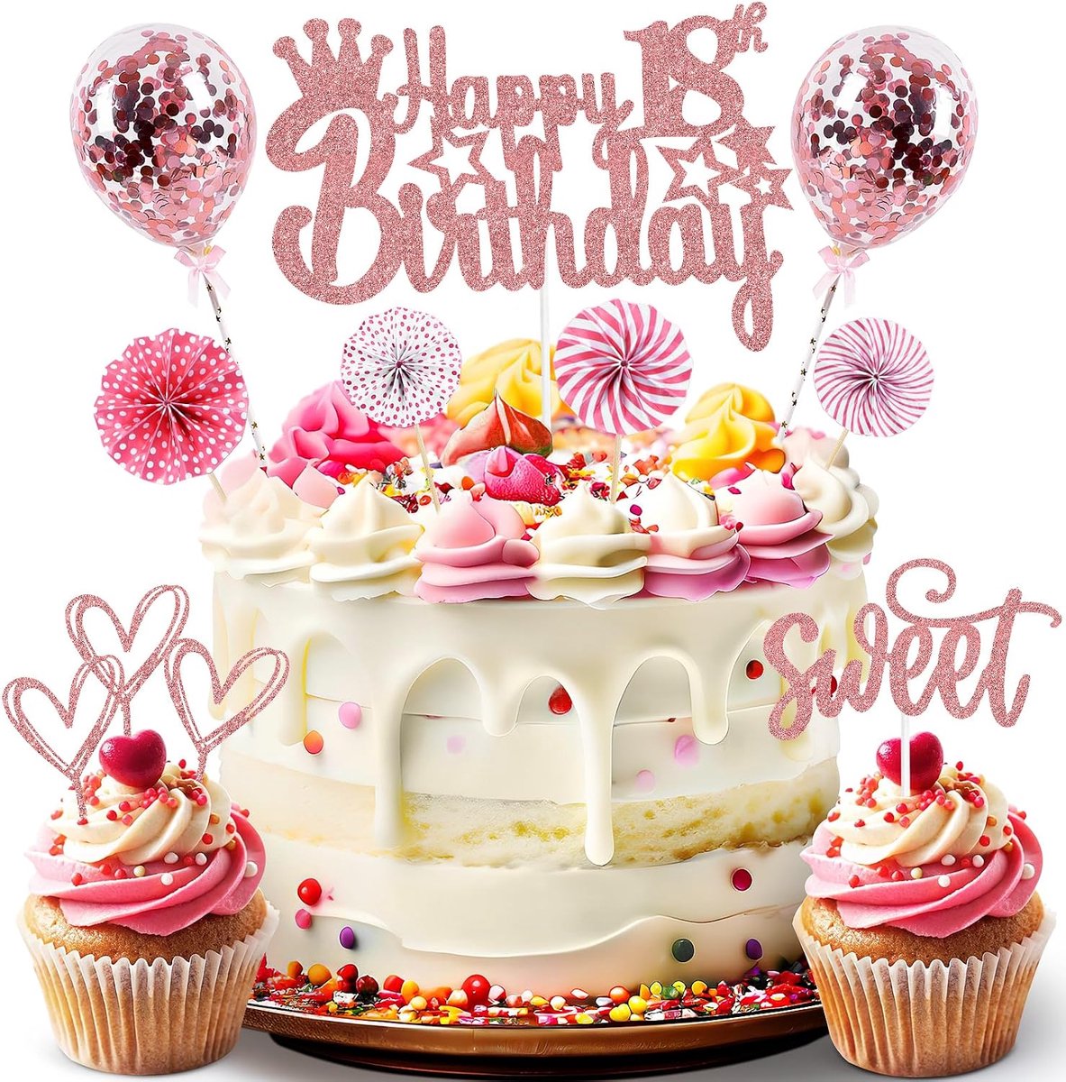 Roségoud, 18 jaar, meisjes, jongens, Happy 18e Birthday, taarttopper, glitter, taarttopper, confettiballonnen, 18e verjaardagstaart, decoratie, verjaardag, taartdecoratie