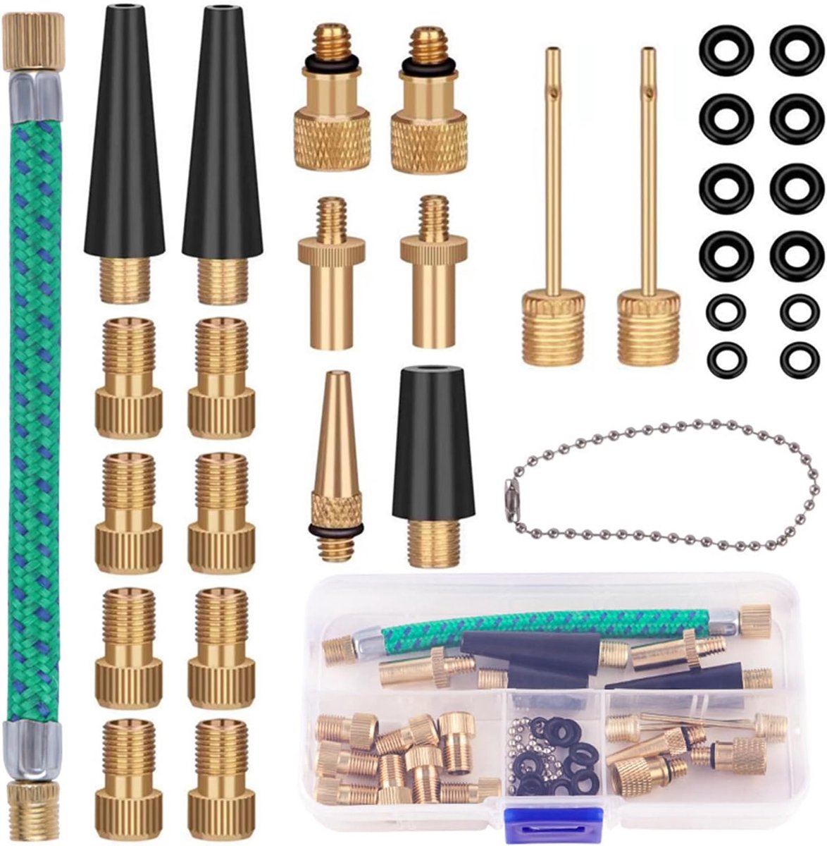Fietsventieladapterset, 598, 32 stuks, fietsventieladapters, 199 alle ventieladapters, 1.000 autoventieladapters, balnaald, kegelventiel en luchtpomp, adapter met sorteerdoos