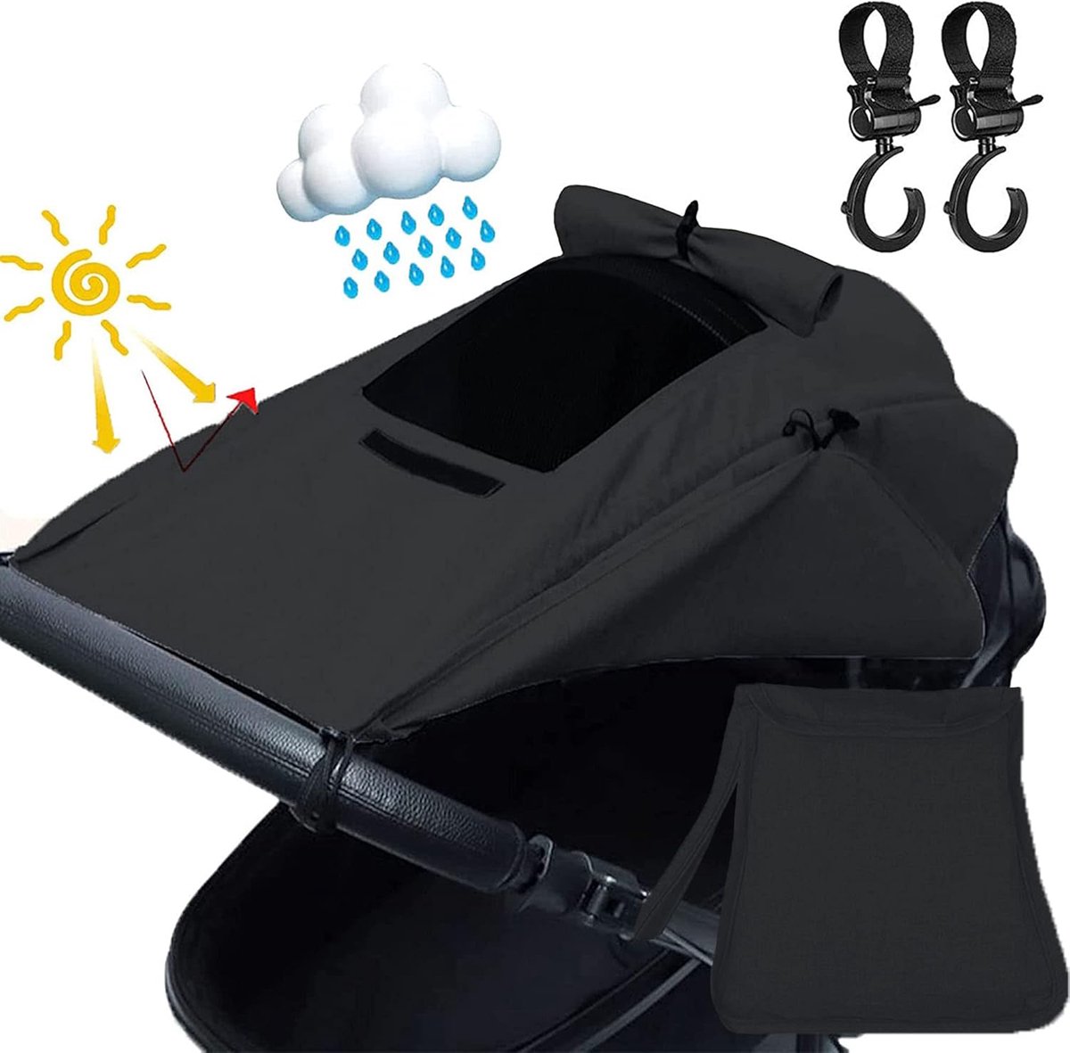 Zonwering, zonwering voor buggy, kinderwagen haak met uv-bescherming 50+ en waterdicht, luifelrolfunctie, klein opvouwbaar, met 360 graden draaibare riem