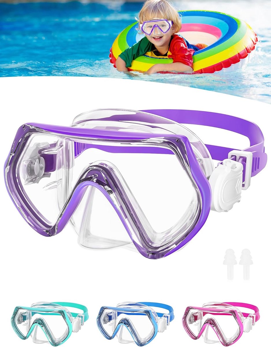Duikbril voor kinderen, snorkelmasker voor kinderen, 4-10 jaar, duikmaskers met siliconen neusafdekking, zwembril voor kinderen, 180 graden, panorama-HD-gehard glas, duikmasker met verstelbare
