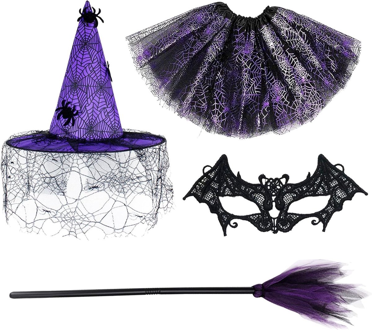 Halloween Kostuum voor Meisjes - Complete Set met Hoed, Masker, Korte Rok en Unieke Ontwerpen in Lila - Perfect voor Feestjes en Verkleedpartijen