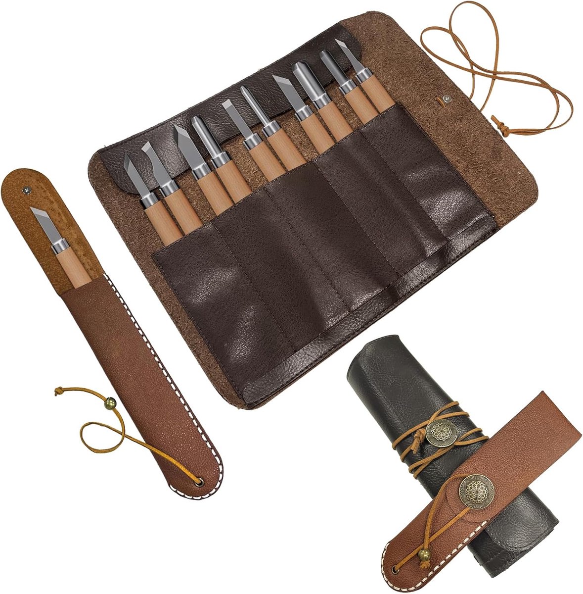 Messentas, Knife Bag, kokmes roltas, messentas kochmessen keukenmessen, roltas met 5 vakken mini-messenbescherming, draagbare opslag voor professionele en hobbykoks, messenrol