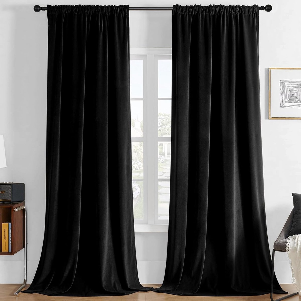 Fluwelen gordijnen, met plooiband, set van 2, B 132 x H 225 cm, zwart, thermogordijn, koudebescherming, elegante verduisteringsgordijnen, geluidsisolatie, ondoorzichtig, fluweel, woonkamer