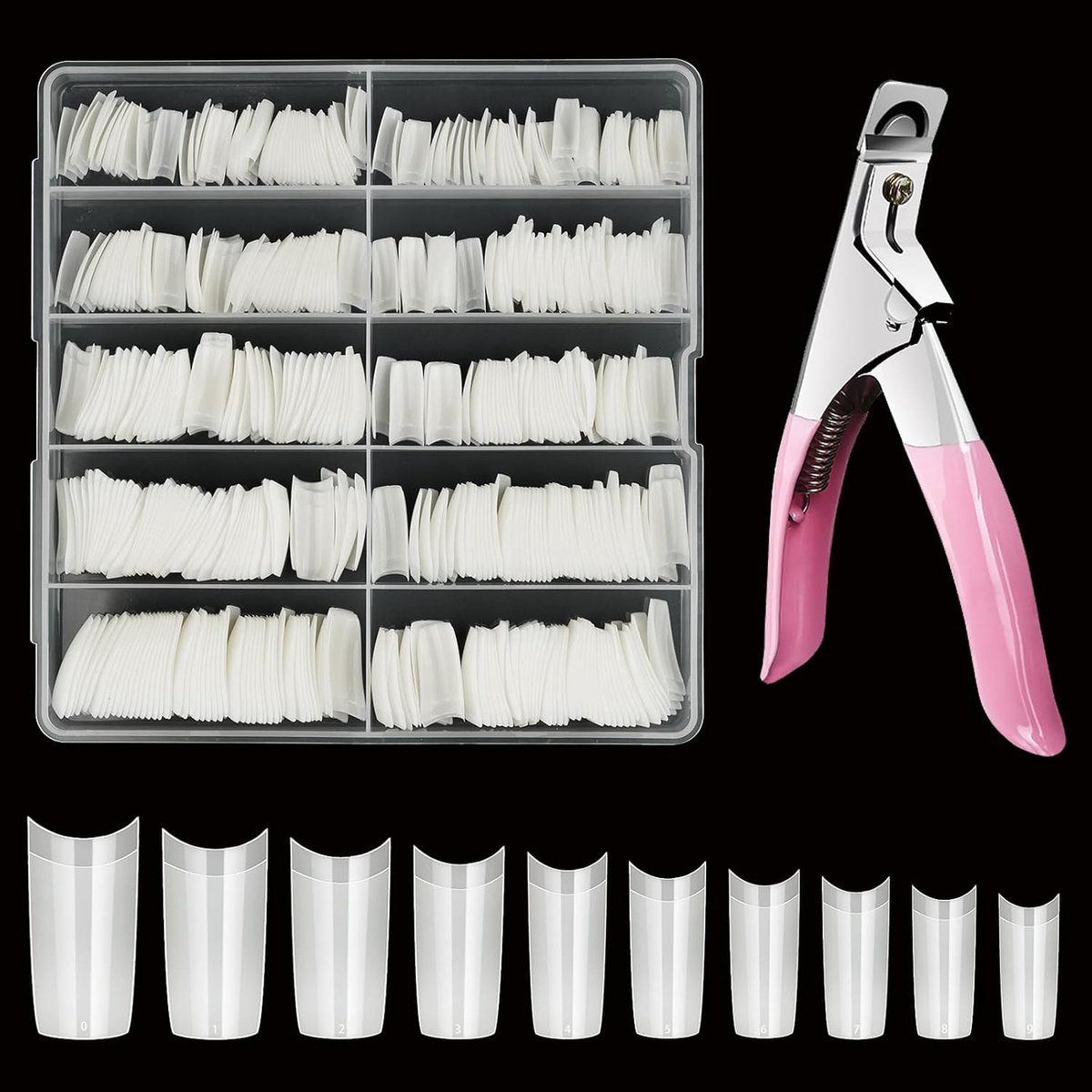 Nageltips voor gelnagels, 500 stuks, acryl kunstnagels, 10 maten, nageltips met nagelknipper, acryl kunstnageltips, set (natuurlijk)