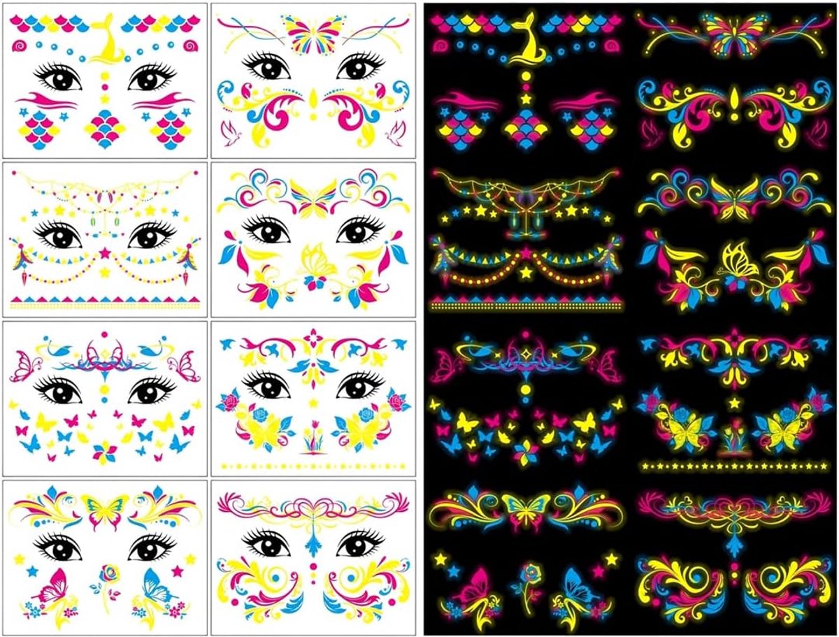 Tijdelijke tatoeages in neonstijl voor muziekfeesten, die in het donker oplichten, fluorescerende UV-waterdichte lichtgevende kleine stickers, Blacklight Reactive Light Face Flash Festival