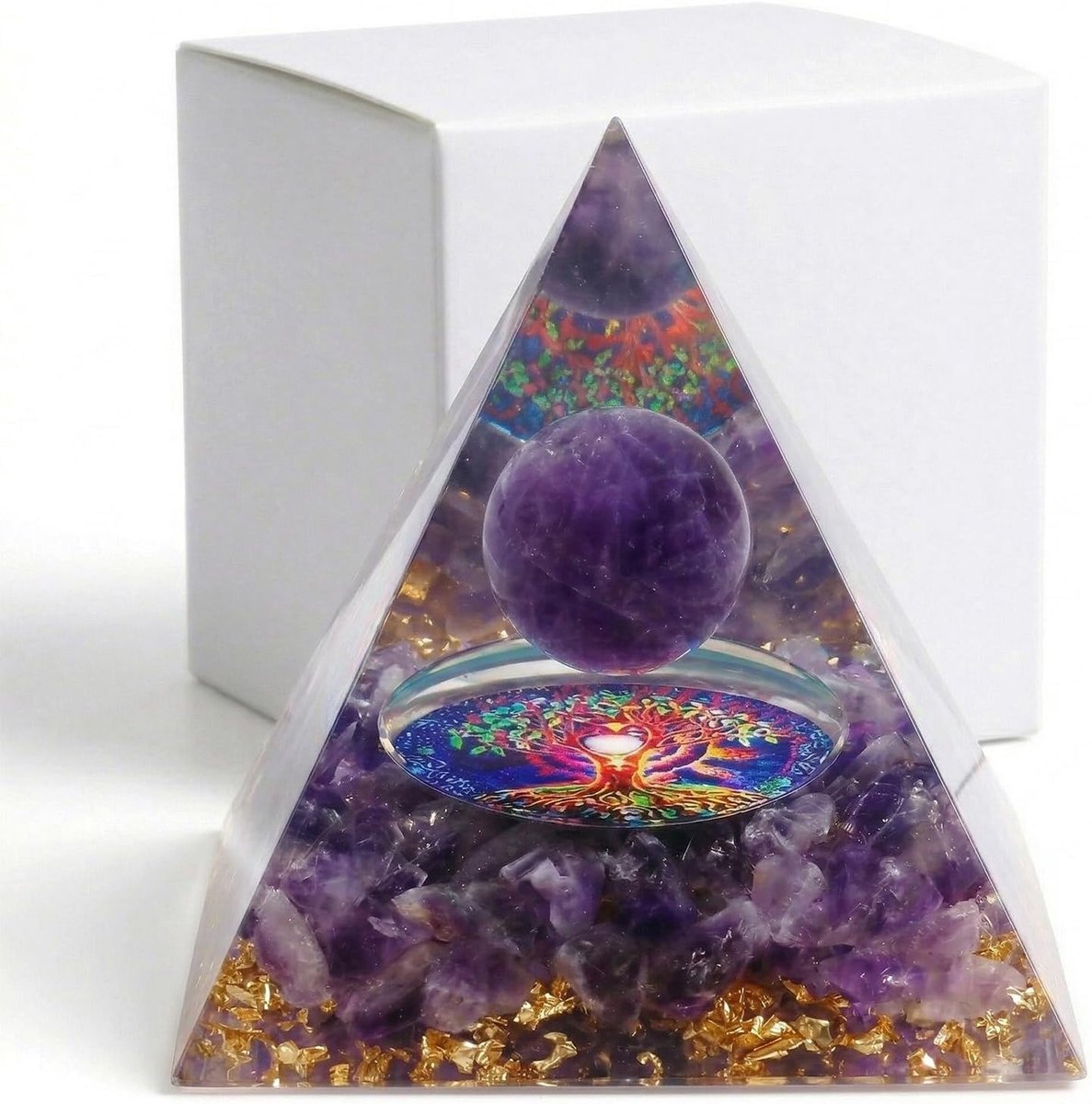 Levensboom van kristal, amethist-piramide, orgoniet, originele cadeaus voor dames, decoratie voor thuis met positieve energie en geschenkdoos