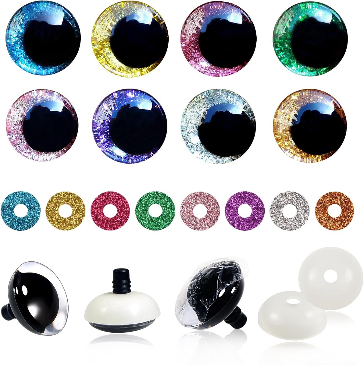 Ogen, poppenogen, glitter, 30 mm, kunststof knutselogen, kleurrijk, knoopogen met sluitringen, voor gehaakte dieren, pop, marionet, pluche dier, teddyogen