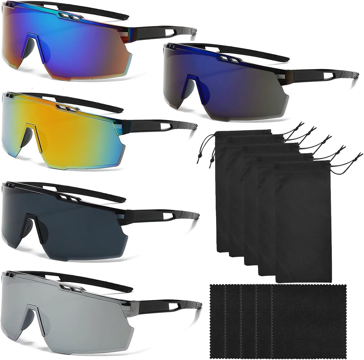 5 stuks snelle bril, hardloopbril voor heren, gepolariseerd, UV400, fietsbril, skibril, sportbril voor heren en dames, fietsen, hardlopen, baseball, golf, skiën, bergbeklimmen, vissen