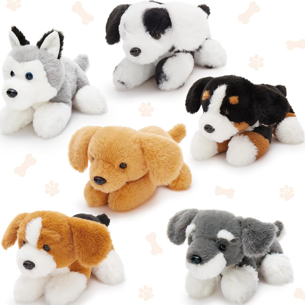 Schattige dierenset, 6 stuks, kleine hond, knuffeldier, pluche dier, hond, decoratie, pop, cadeau voor kinderen