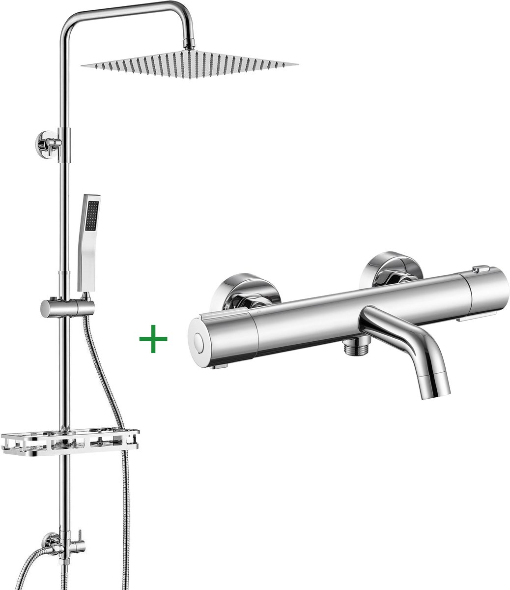 Auralum Max Regendouche met Thermostaatkraan - Doucheset Chroom - 12 inch XL Douchekop - Met Thermostatische Badkraan en Plankje - Vierkant Design - Verstelbare Hoogte 72-110 cm - Regendoucheset - Waterbesparend