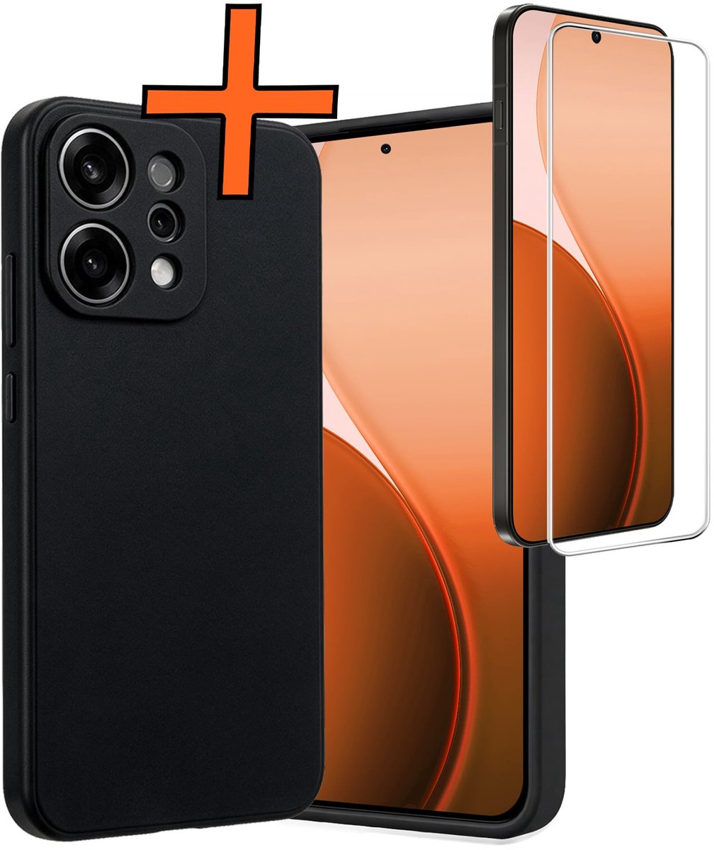 Hoes - Met Screenprotector - Geschikt voor Oppo Reno 14 - Sterk & Shockproof - Back Cover - Siliconen Case - Telefoon Hoes - Zwart
