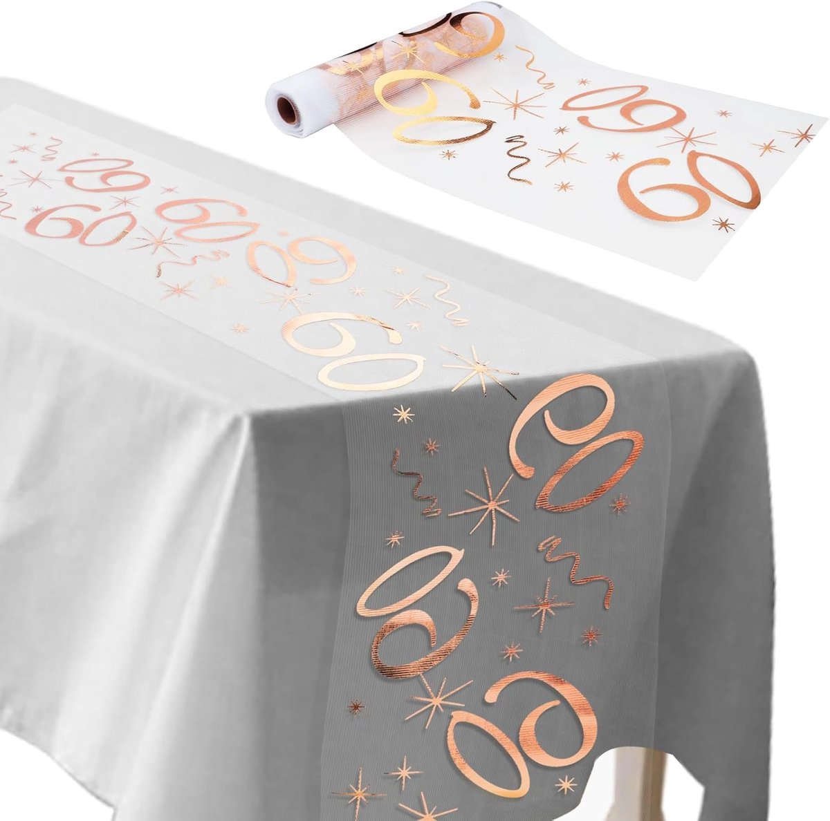 Tafelloper 60e verjaardag 28 cm x 10 m, tafeldecoratie verjaardag, op maat te snijden, tafeldecoratie, roségoud, mannen en vrouwen, voor verjaardagsfeest, jubileumfeest