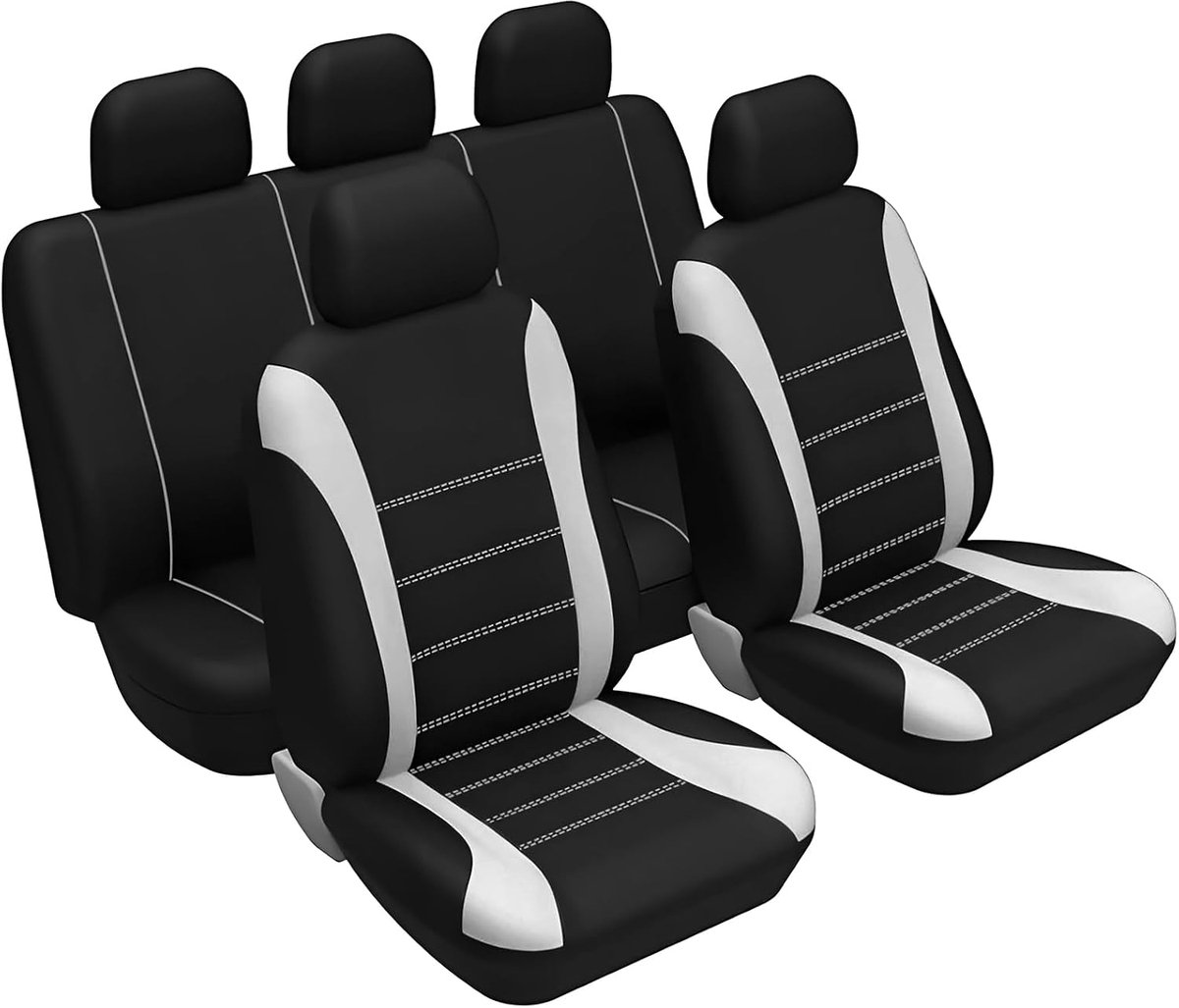Autostoelhoezen, volledige set, gewatteerde polyester autostoelbeschermer, elastische zoom zit- en hoofdsteunhoezen, compatibel met zij-airbag, wasbare ademende interieurdecoratie voor auto
