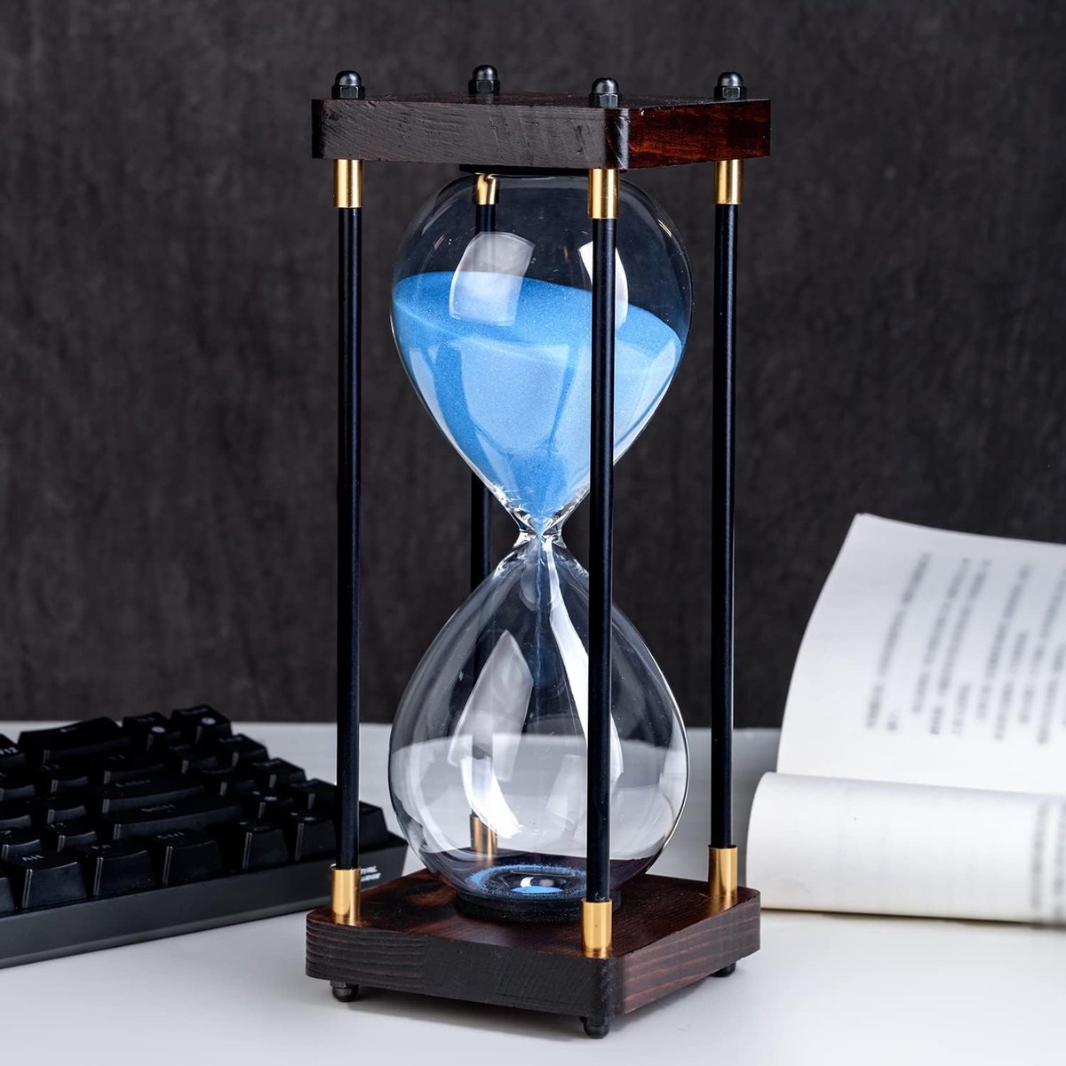 Zandloper, zandloper-timer 60 minuten, vintage houten zandloper-timer, moderne decoratie voor thuis, keuken, kantoor (blauw)