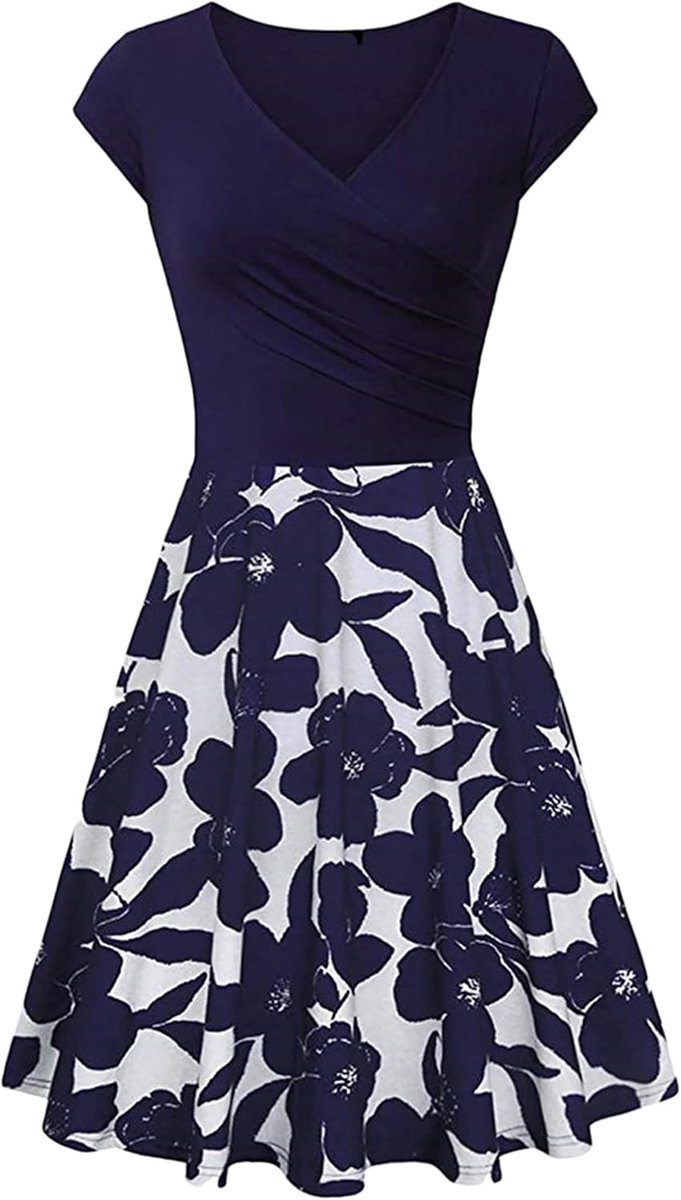 Vrouwen Audrey Elegante Effen Kleur Jurk Korte Mouw V Hals Feest Cocktail Prom Knie Lang Jurk