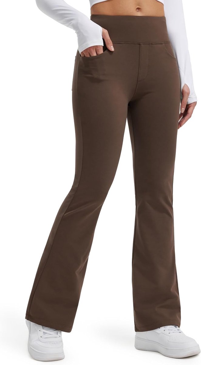 Thermische Flared Legging voor Dames Thermische Broek Wandelbroek Waterafstotend Wintersportbroek Yogabroek Bootcut Broek met Zakken Bruin,XS