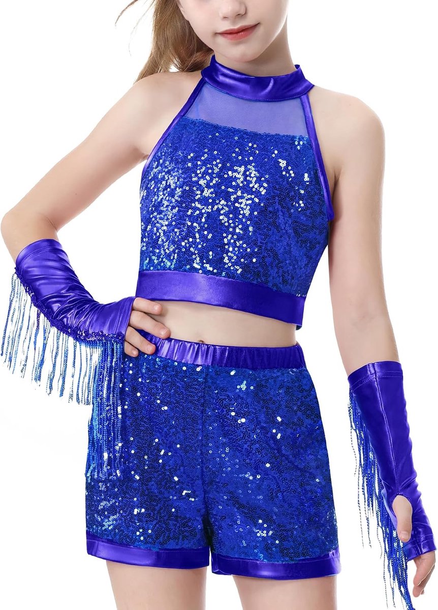 Danskostuum voor meisjes, met pailletten, hiphop jazzoutfit, glanzend, danskleding voor kinderen, met korte mouwloze top en shorts