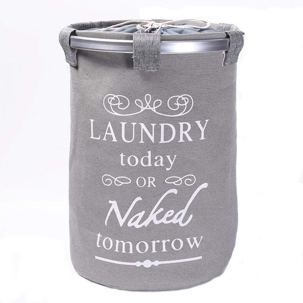 Wasmand met Tekst LAUNDRY TODAY OR NAKED TOMORROW voor al uw vieze was - Inhoud 50 Liter - Badkamer wasmand Rond afsluitbaar - Waszak - Wasmanden in verschillende kleuren - Kleur: GRIJS - Decopatent