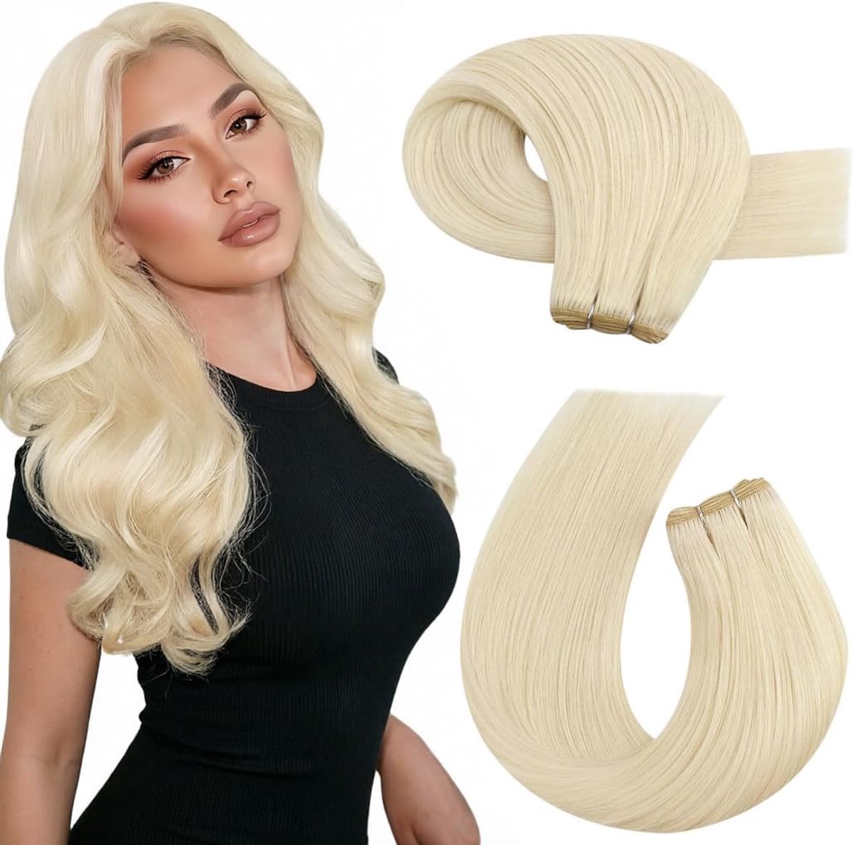 Weft Hair Extensions Echt Menselijk Haar Blond Platina #60 60 cm 100G