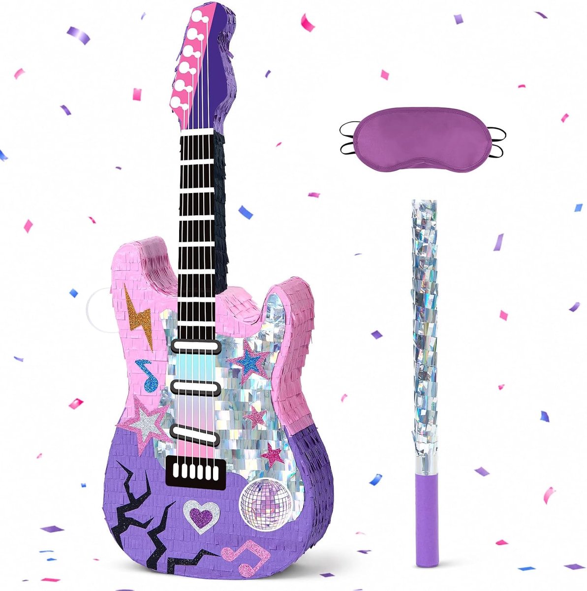 Piñata-set voor gitaar, piñata-decoratie voor verjaardag en muziek, themafeest | Grote partyset met staaf en oogmasker om te vullen, perfect voor disco rock festival en feest