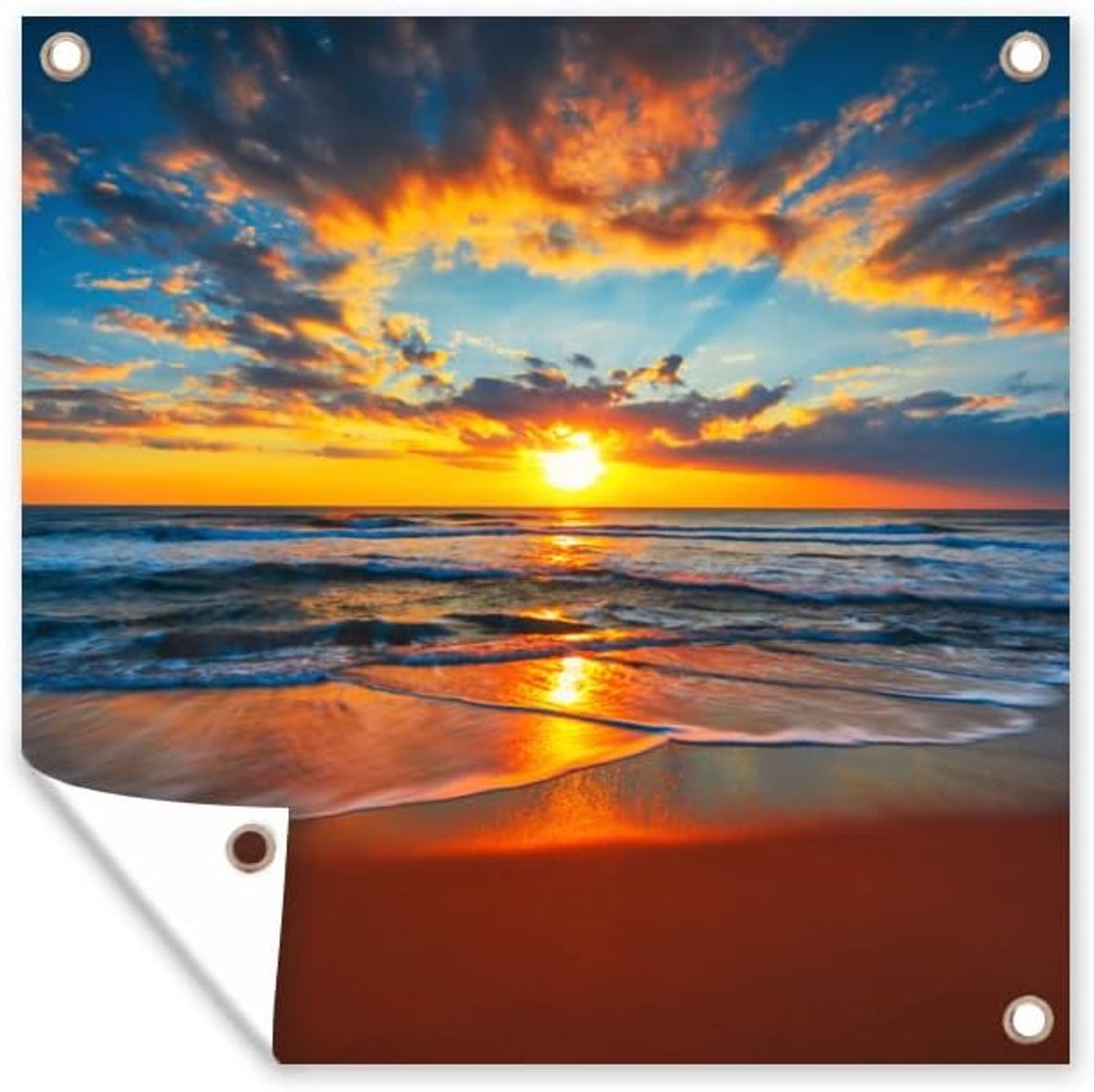 Tuinposter - 200x200 cm - Zee - Zonsondergang - Strand - Wolken - Oranje