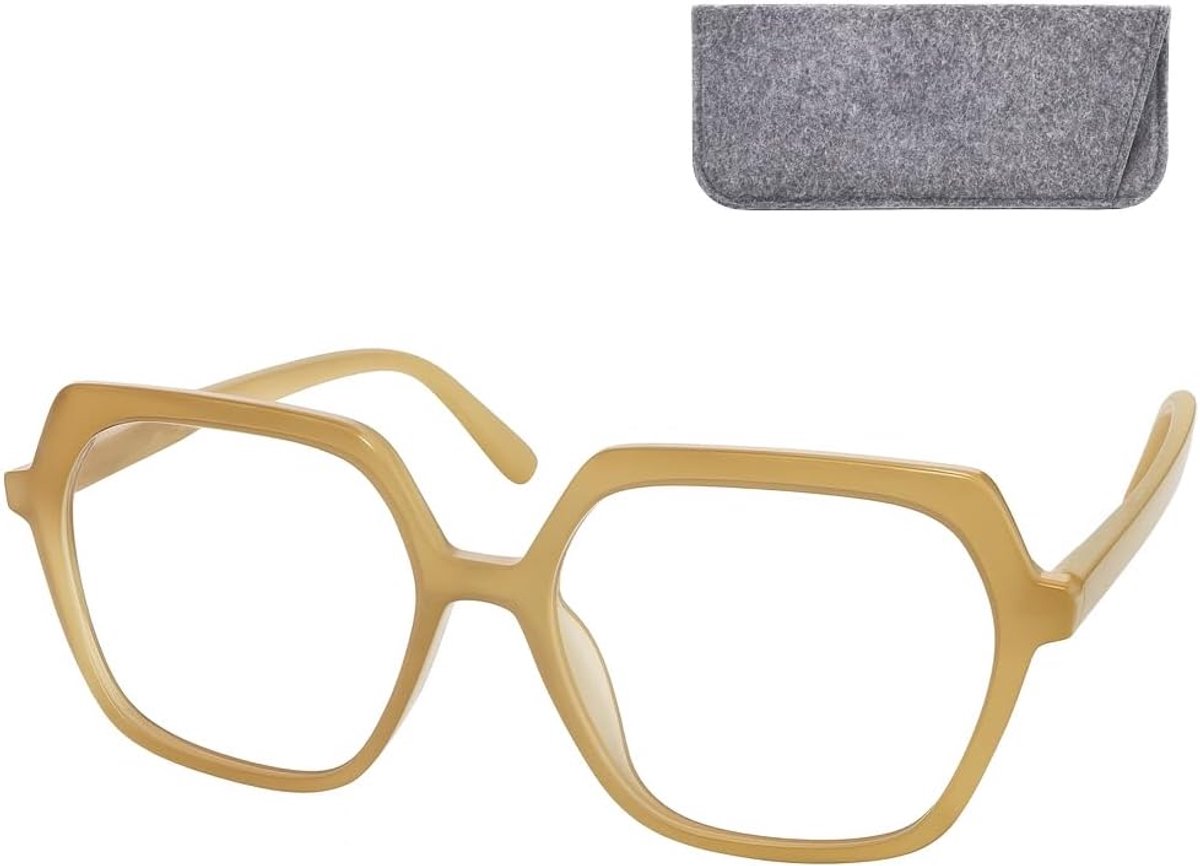 Leesbril oversize zeshoekig – grote krasbestendige glazen, licht kunststof montuur, incl. etui