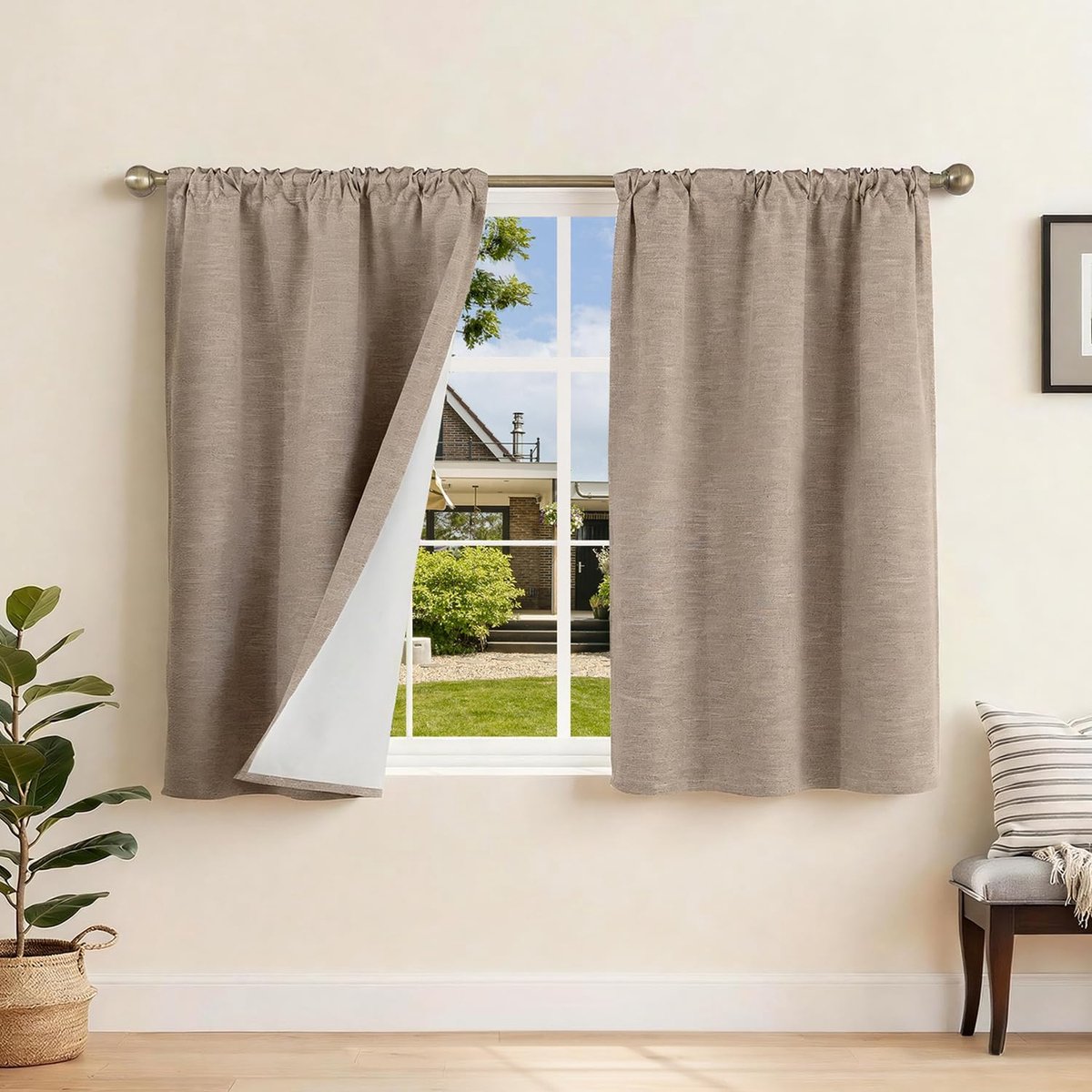 100% verduisterend gordijn met plooiband, warmte-isolerend, koudebestendig, set van 2, 90 x 120 cm (l x h), linnen gordijnen voor slaapkamerrails, woonkamer, huis, hittebescherming, lawaai