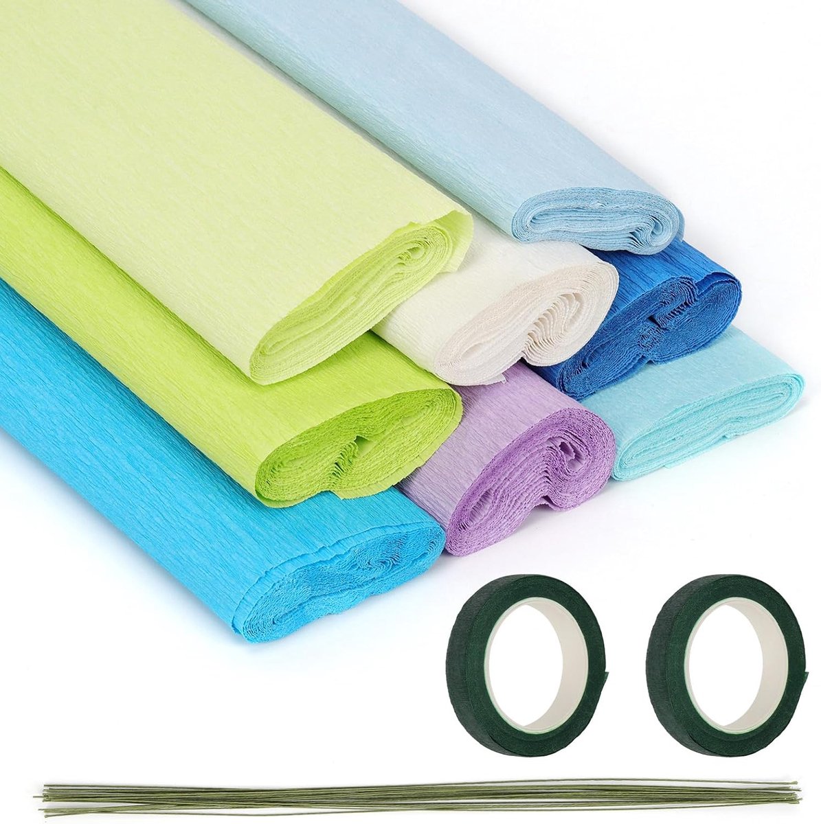 Crêpepapier rollen kit voor doe-het-zelf bloemen maken, inclusief 8 rollen 25 cm x 2,5 m crêpepapiervellen, 20 stuks 40 cm groene bloemendraad, 2 rollen tapes voor