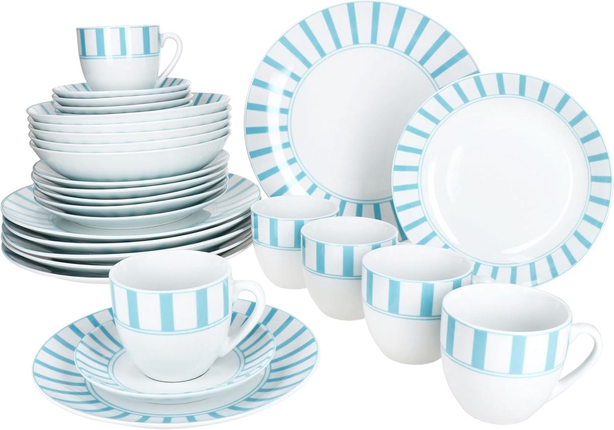 Split turquoise 30-delig combiservies, wit porseleinen servies met strepen voor 6 personen, 6 x kopjes, schotels, taartborden, soepborden en platte borden