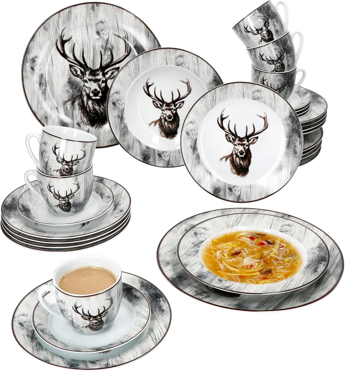 Alois 30-delig combiservies, porseleinen serviesset met hertendecoratie voor 6 personen, 6 x kopjes van 200 ml, schoteltjes, taartborden, soepborden en platte borden