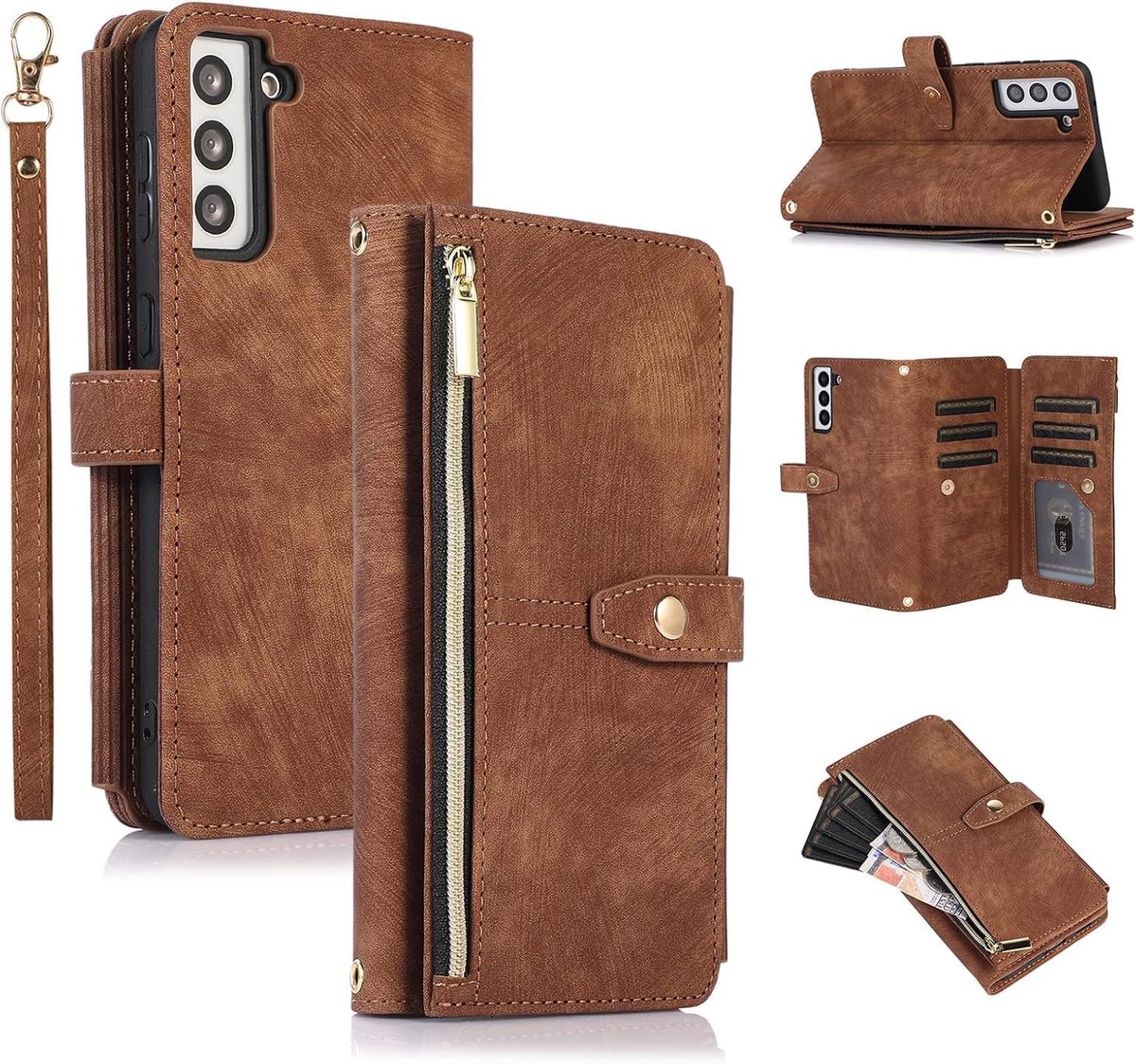 Hoesje voor Samsung Galaxy S21 5G, retro lederen portemonnee, schokbestendig klaphoesje met 9 kaartsleuven, handriem, kaartsleuven en kickstand, handtas magnetische sluiting - Vintage Bruin