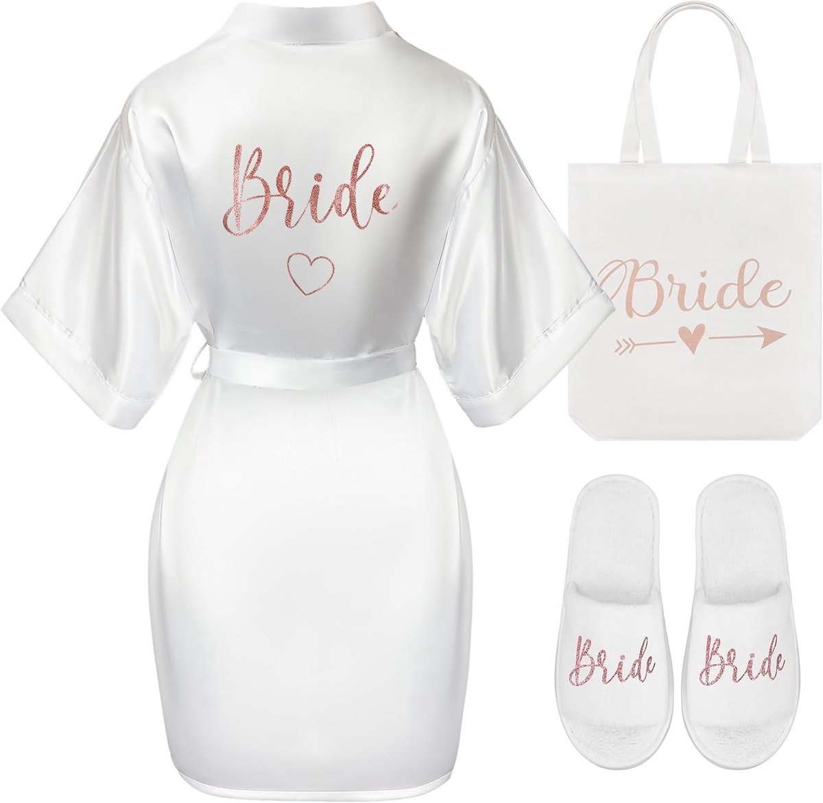 Set van 3 Roségouden Bruidsgeschenk Cadeaus voor Vrijgezellenfeest Witte Satijnen Bruidsbadjas Bruidstas Slippers Bruidsgeschenkenset voor Bruiloft Aanzoek Spa Vrijgezellenfeest(XL)