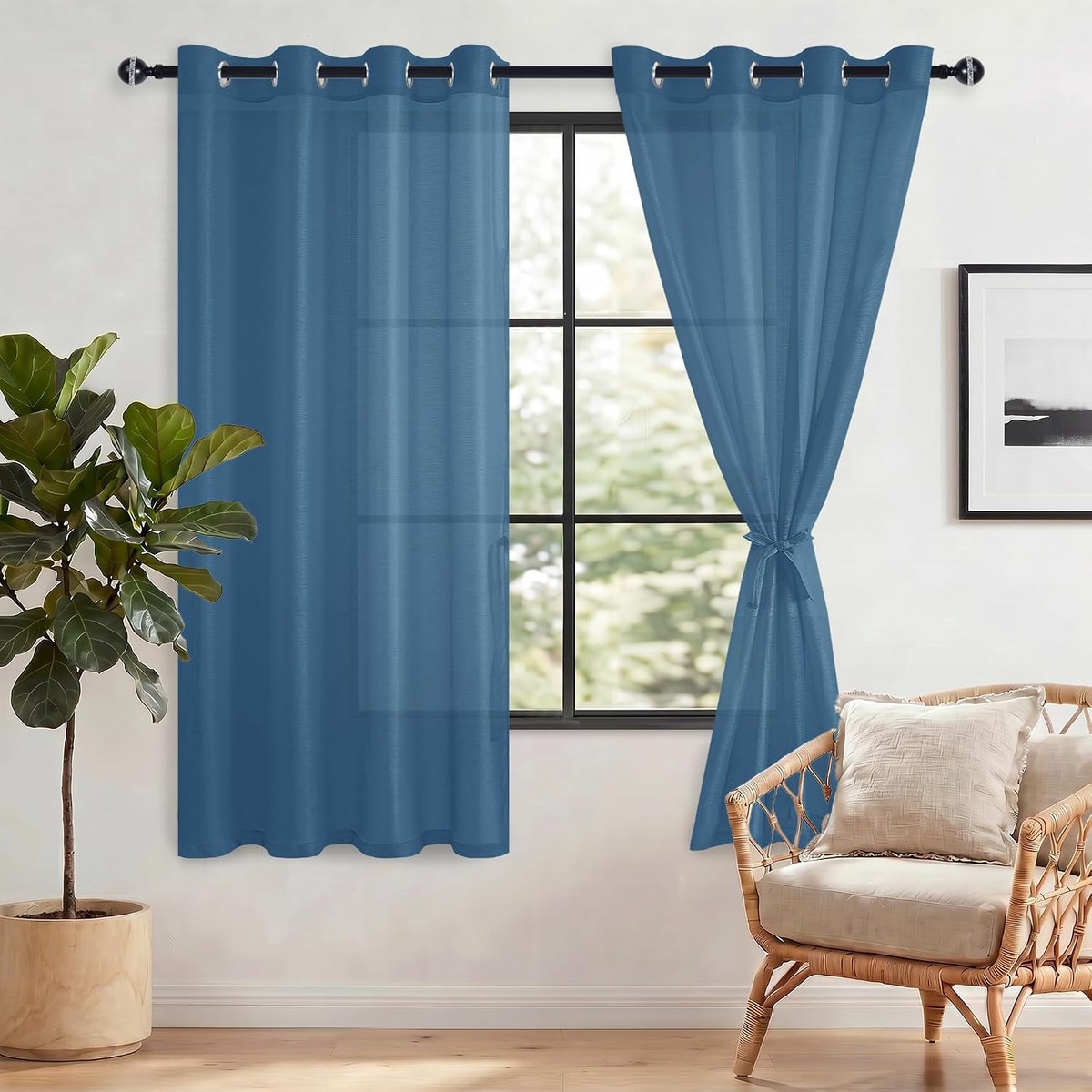 Gordijnen van voile, polyester, set van 2 gordijnen, met inslagringen, transparante gordijnen voor balkon, donkerblauw, 137 x 140 cm (H x B)