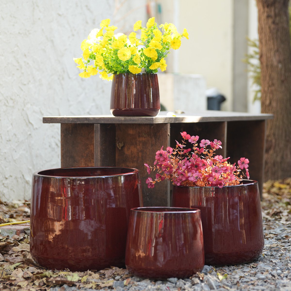 Desmiu Bloempot Set 4 Delig Glanzend Dieprood Keramiek Ø33 26 20 15 Cm Voor Binnen Balkon En Tuin