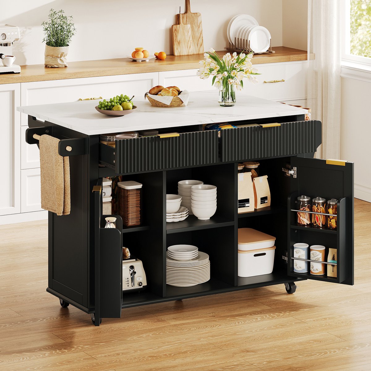 Keukenkast Op Wielen - Klapbaar Werkblad Met 2 Lades En 2 Deuren - Extra Opbergruimte Voor Keuken - MDF - Zwart;Natuurlijk - 143x45x89.5 Cm