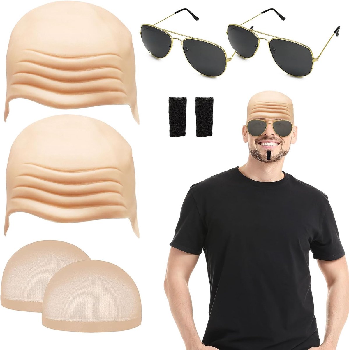 Kostuumset voor volwassenen, 8 stuks kale petten voor volwassenen, naakt kale pet, zonnebril, make-up kale kop pruikkap, huid hoofd schedel pruik, blote hoed, latex blote hoofd accessoire set