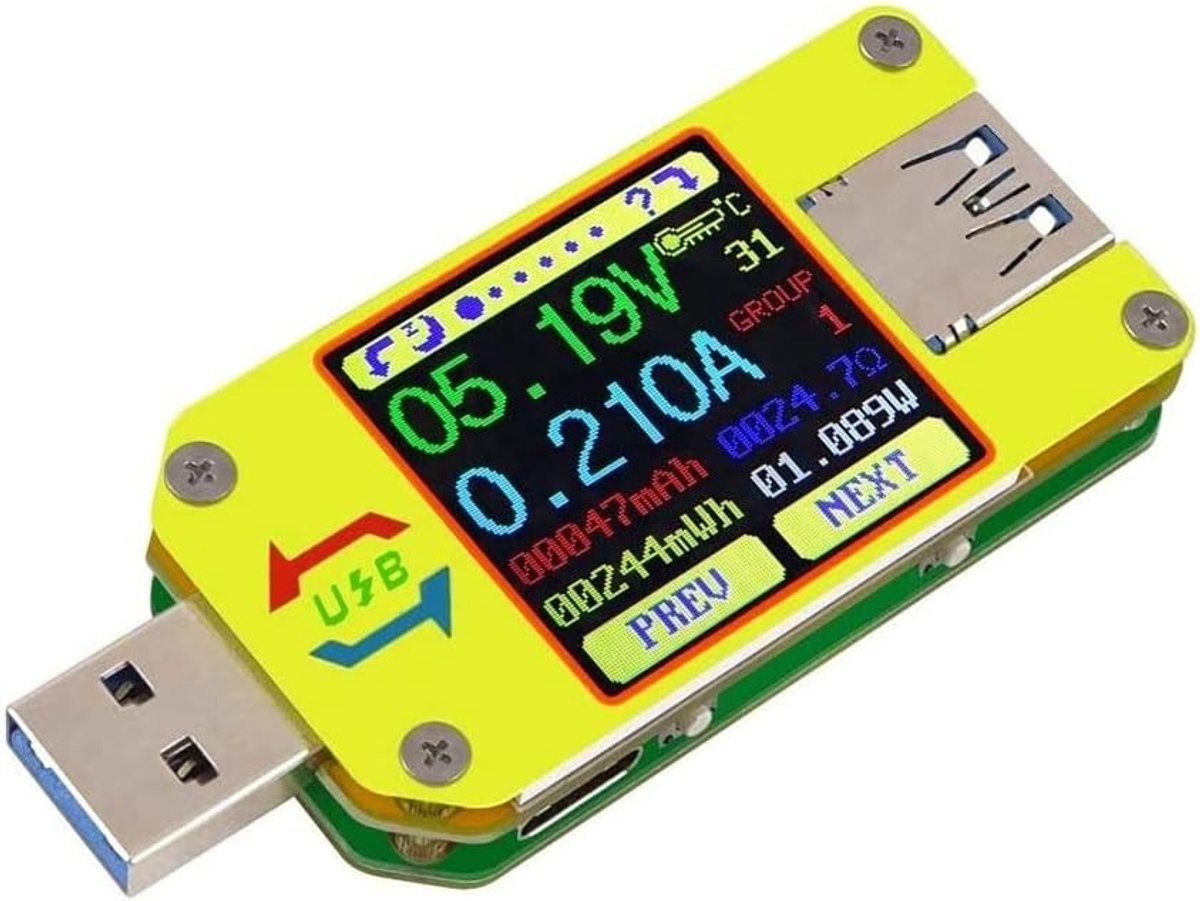 USB-metertester - Zwart - UM34C - Bluetooth Voltmeter en Ampèremeter met 1.44 inch LCD-scherm - Voor Opladers en Powerbanks