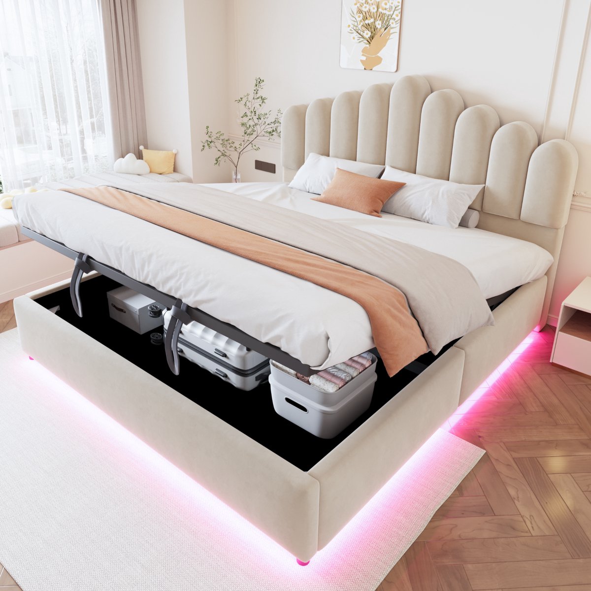 Opklapbed 180x200 cm – Hydraulisch Stauraambed Met Ledverlichting – Hoofdbord Met Comfortabele Kussens – Voor Slaapkamer – Fluweel – Beige Zonder matras