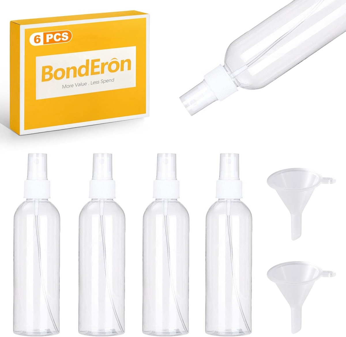 4 x 100 ml spuitfles - leeg - transparant - plastic - fijne nevel - pompverstuiver - navulbaar - dicht sluitend met 2 trechters - voor reizen - planten - haren