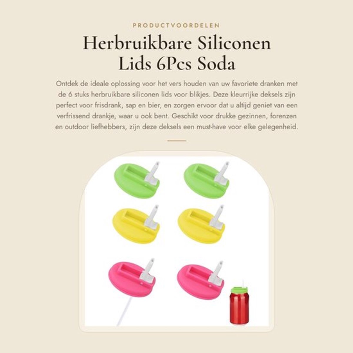 Herbruikbare Siliconen Lids - 6Pcs Soda Lids - Voor Standaard Blikken - Groen, Geel, Roze - Met Rietjes - Ideaal voor Dranken - Geschikt...