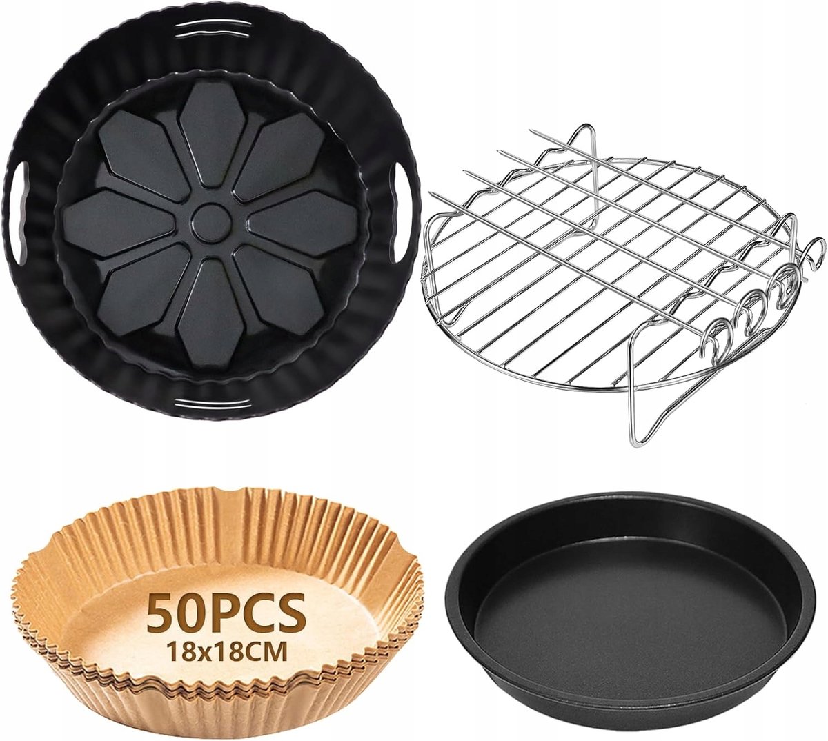 Merkloos Accessoireset voor Airfryer: Bakpapier, Siliconen Bakvorm & Grillrek