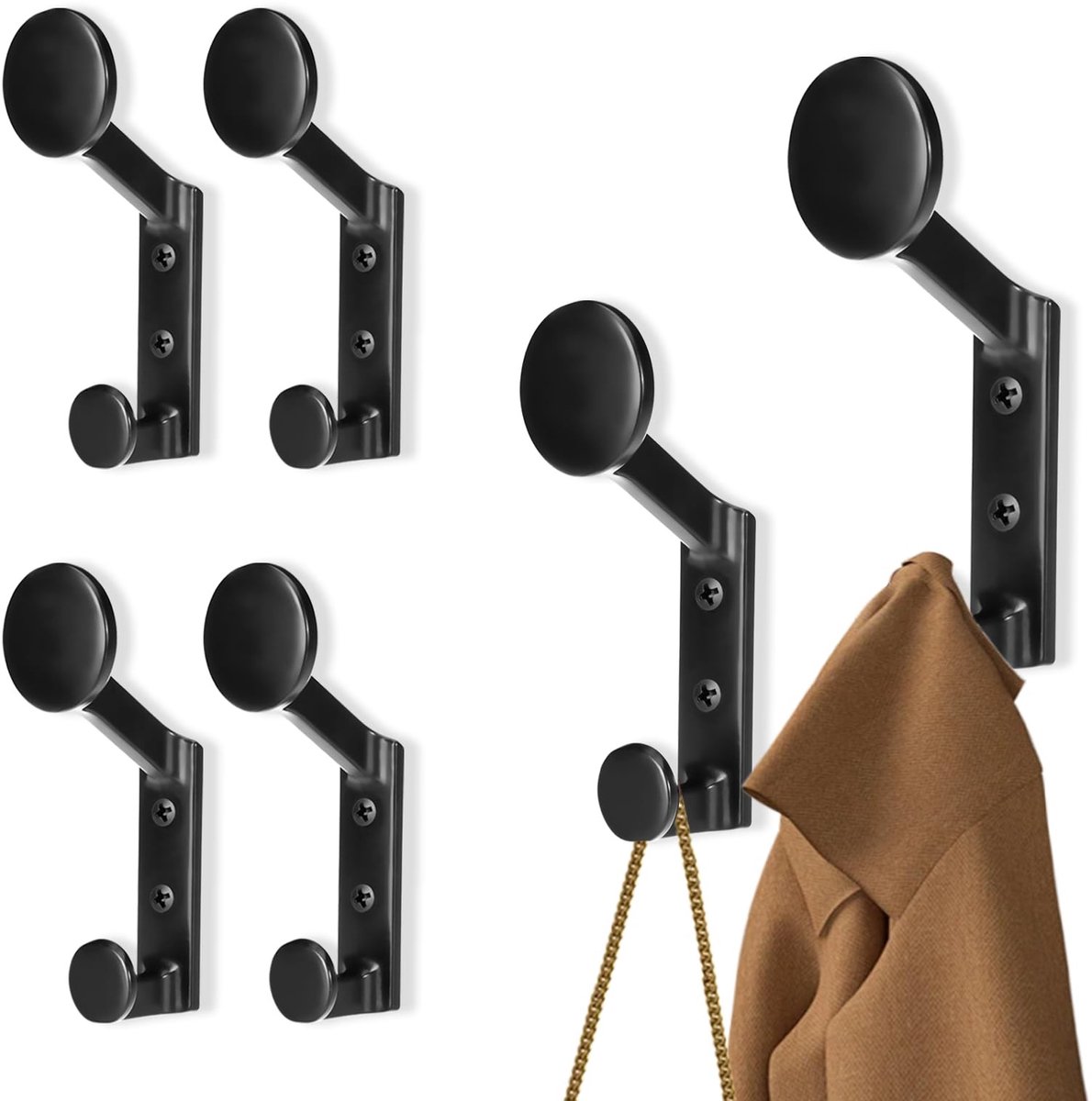 SolidKeus - Set van 6 Zwarte Kledinghaken voor Wand