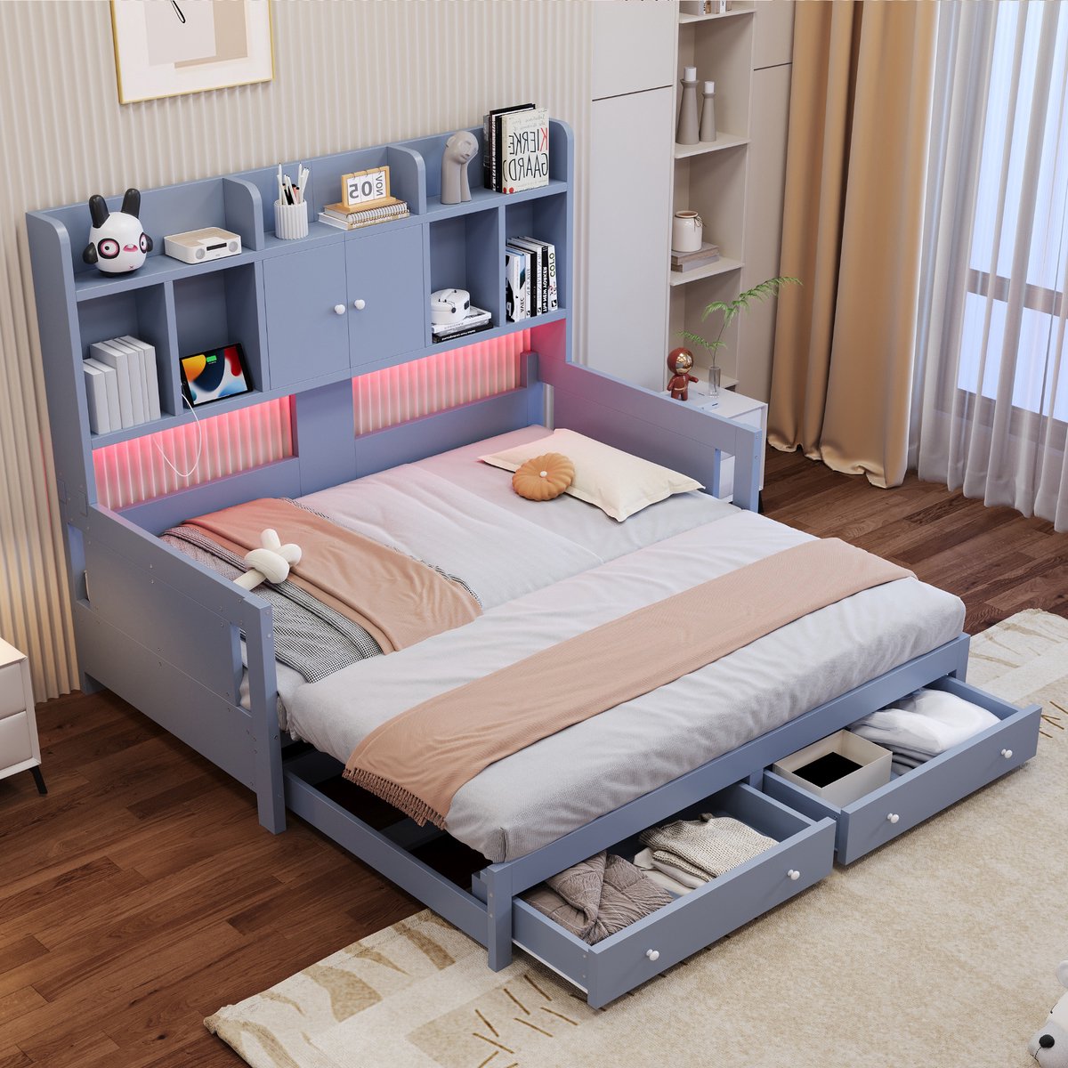 VVBV Bedbank 90x190 cm - Uitschuifbaar, Opbergruimte, Stopcontact, LED-Verlichting - Grijs, Hout