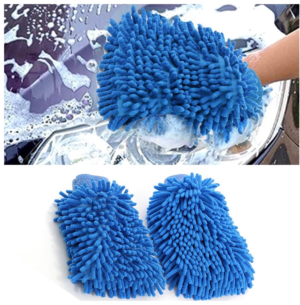 Set van 2 Microvezel Autowashandschoenen - Zachte Krasvrije Chenille Washandschoenen - Dubbelzijdig, Sterk Absorberend & Machinewasbaar - Autoreiniging Accessoires - Blauw