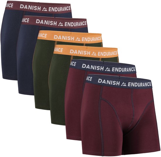 Zes boxershorts in kleuren navy, donkergroen, bordeauxrood en zwart, elk met een tailleband met 'DANISH ENDURANCE' logo.