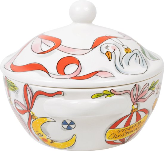 Witte terrineschaal met deksel, versierd met een zwaan, een maan en 'Merry Christmas' tekstdecoratie.