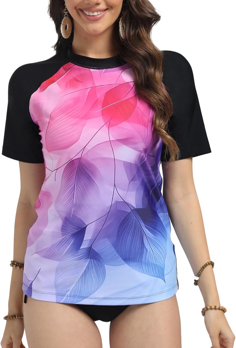 Dames Korte Mouwen UPF 50+ Zonbescherming Sneldrogend Rash Guard Surfshirt