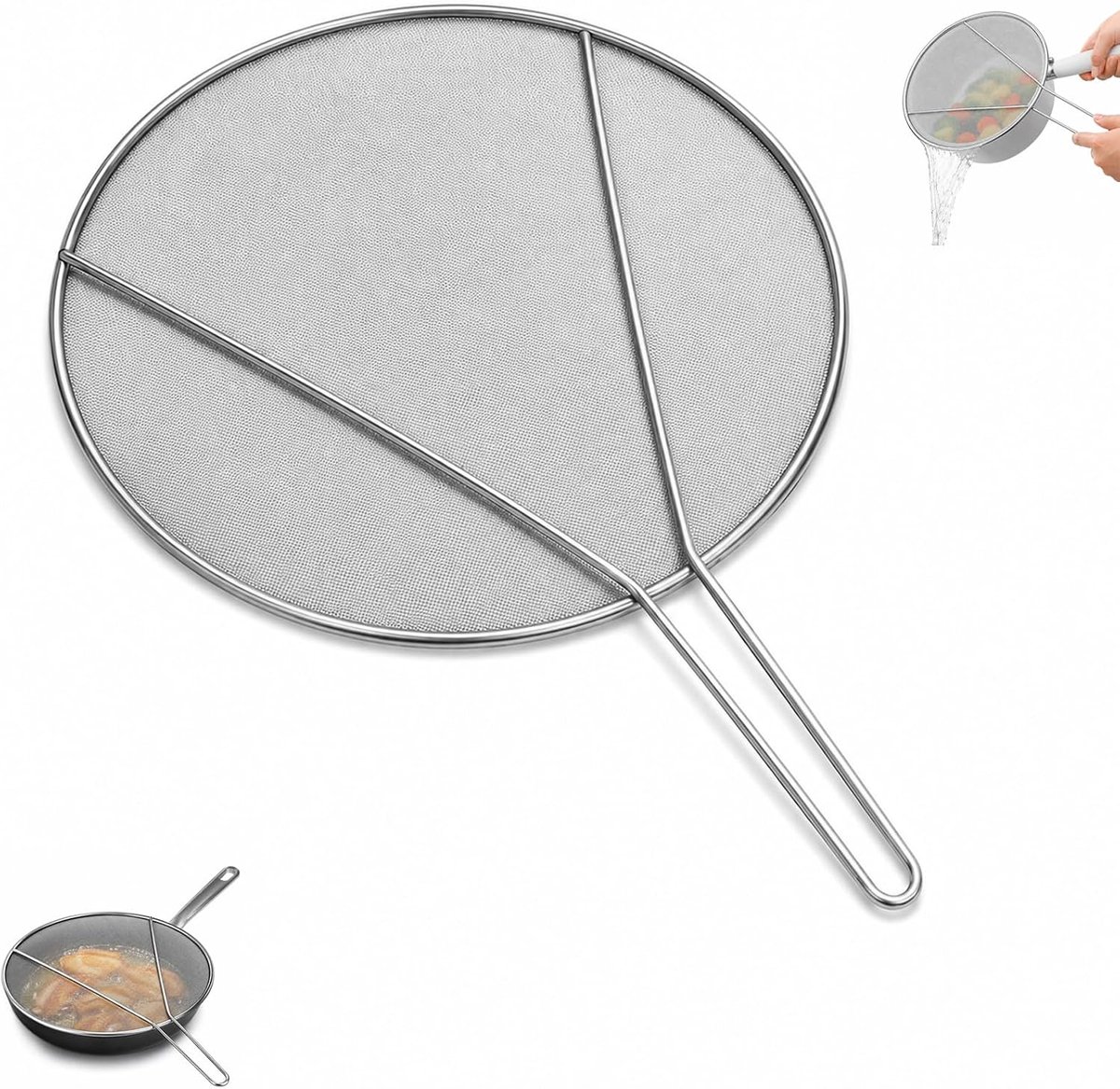 Spatbescherming pan roestvrij staal, 34 cm × 48,5 cm vetspatbescherming met handvat, ronde spatbeschermingszeef tegen oliespatten, keukenzeef voor braden, frituren, koken en afdruipen (zilver 1